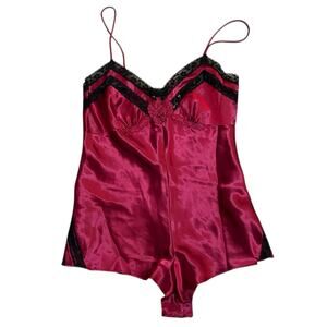 Vtg Victorias Secret Gold Label Red Bodysuit Camisole Lace Trim Romper Sz Small